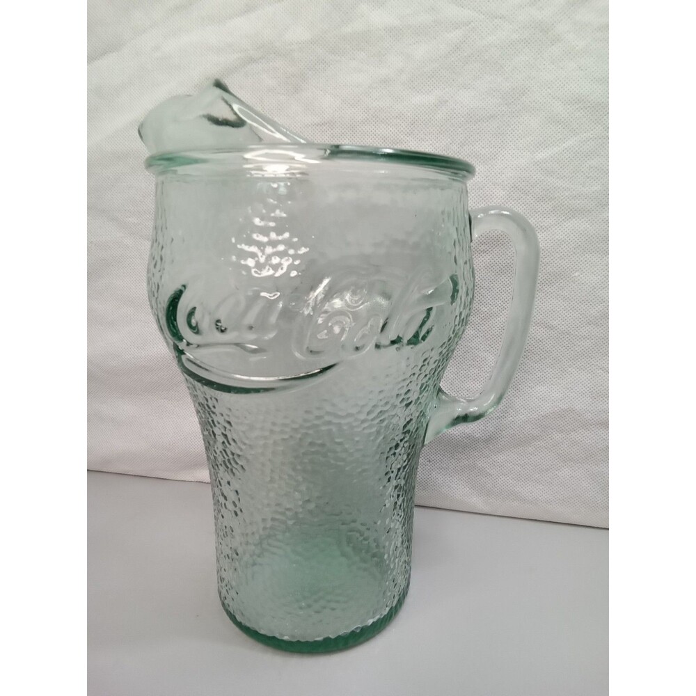 Coca-Cola Green Pebbled Glass Pitcher w/ Ice Lip & Handle 64 oz.‎ Vintage